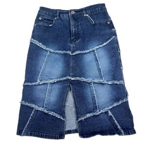 Lazer Jeans denim skirt with a patchwork, knee length, and front slit Size 3